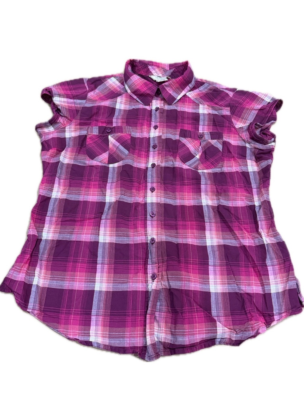 The Original Arizona Jean Pink Red Plaid Button-Up Cap Sleeve Shirt Women XL